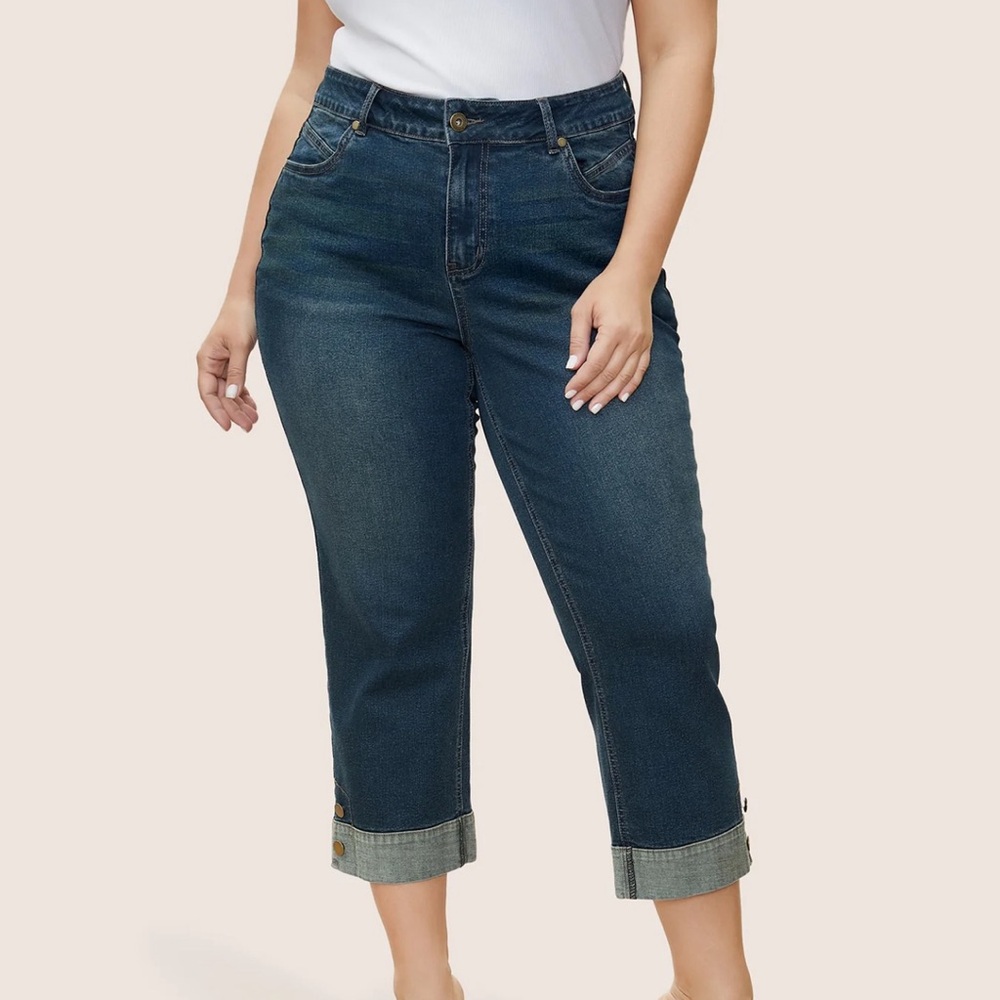 BloomChic Plus size 2XL Straight Leg Patchwork Hem Metal Button Detail Jeans
